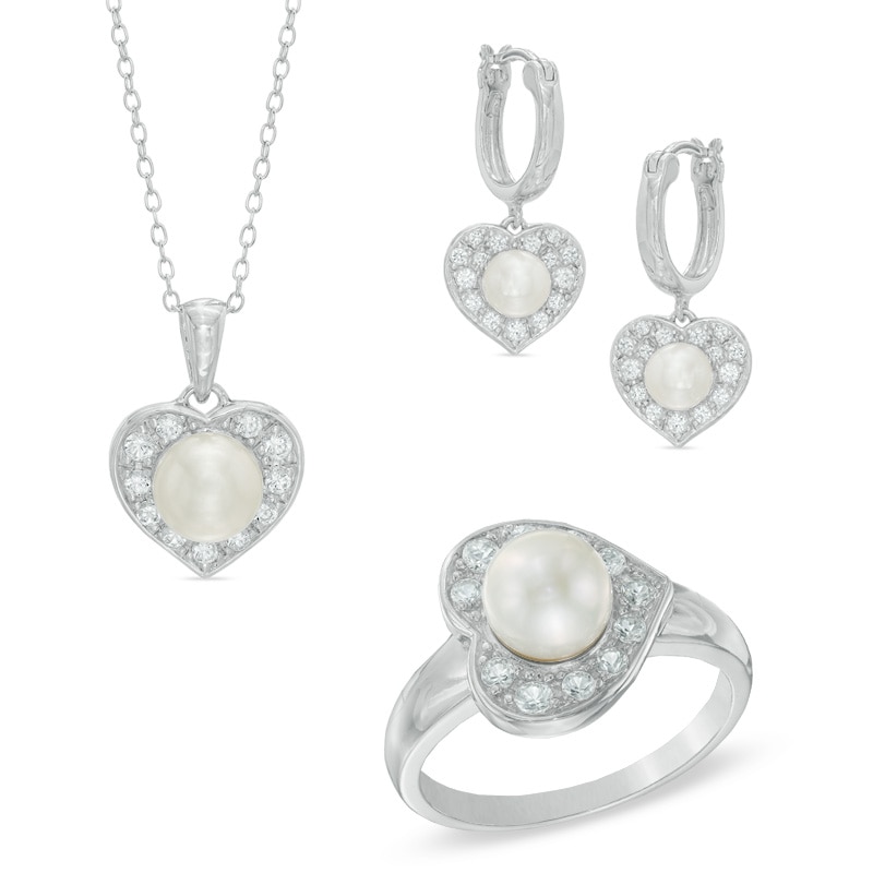 Main Image 1 of 5.5-7.5mm Freshwater Cultured Pearl and Lab-Created White Sapphire Pendant, Ring and Earrings Set in Sterling Silver