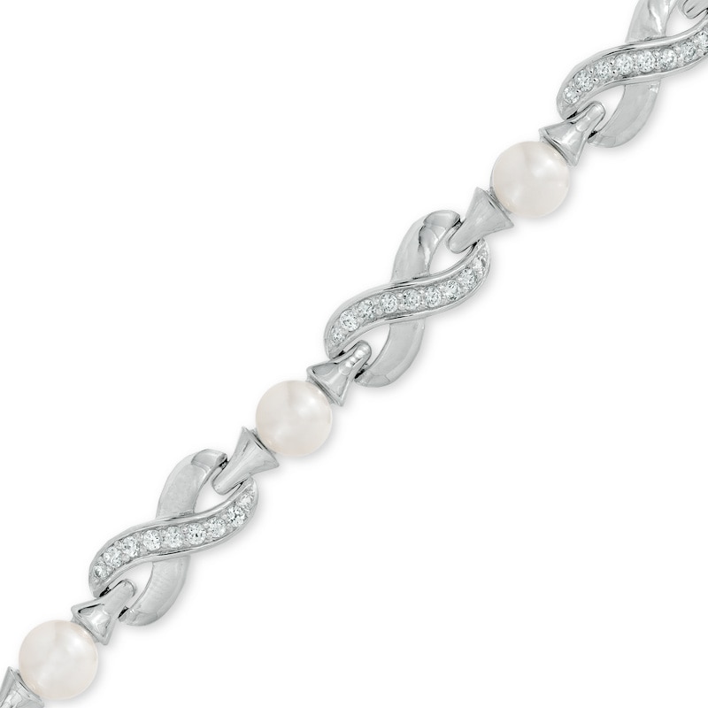 5.5 - 6.0mm Cultured Freshwater Pearl and Lab-Created White Sapphire Infinity Bracelet in Sterling Silver - 7.75"
