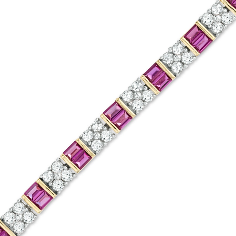 Main Image 1 of Baguette Lab-Created Ruby and White Sapphire Bracelet in Sterling Silver and 14K Gold Plate - 7.25"