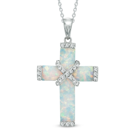 Lab-Created Opal and White Sapphire Wrap Cross Pendant in Sterling Silver