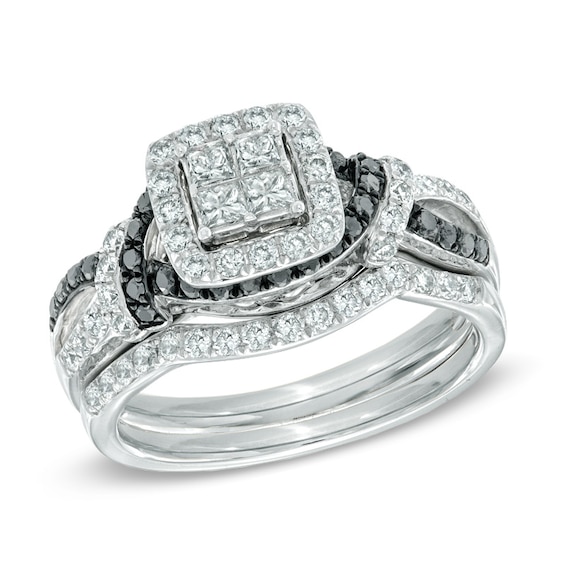 1 CT. T.w. Quad Princess-Cut Enhanced Black and White Diamond Bridal Set in 14K White Gold
