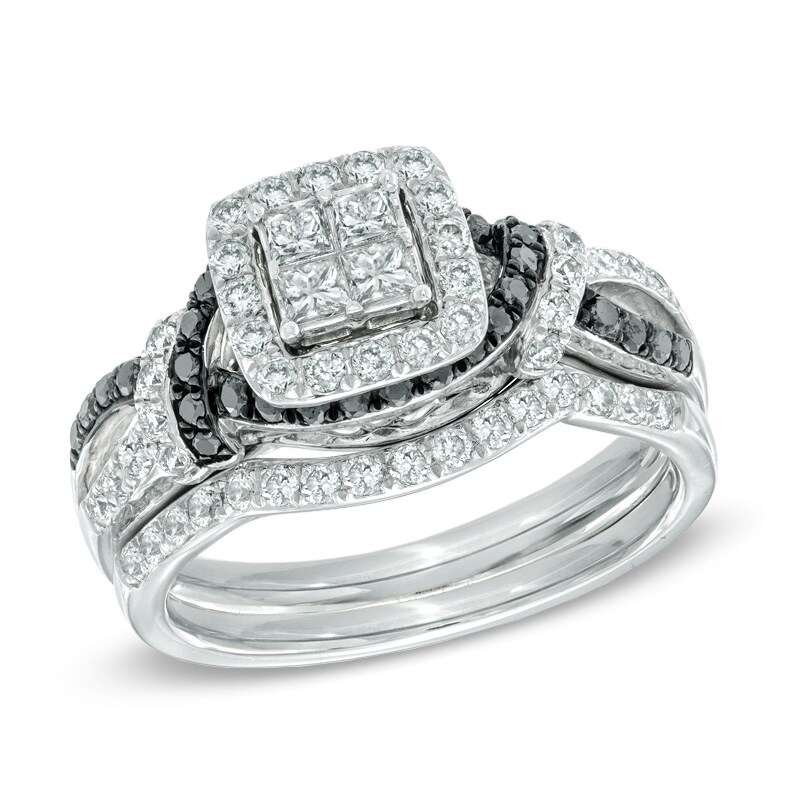 Main Image 1 of 1 CT. T.W. Quad Princess-Cut Enhanced Black and White Diamond Bridal Set in 14K White Gold