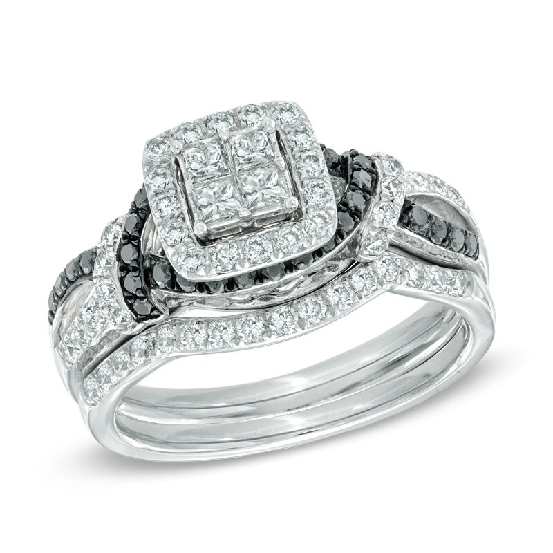 1 CT. T.W. Quad Princess-Cut Enhanced Black and White Diamond Bridal Set in 14K White Gold