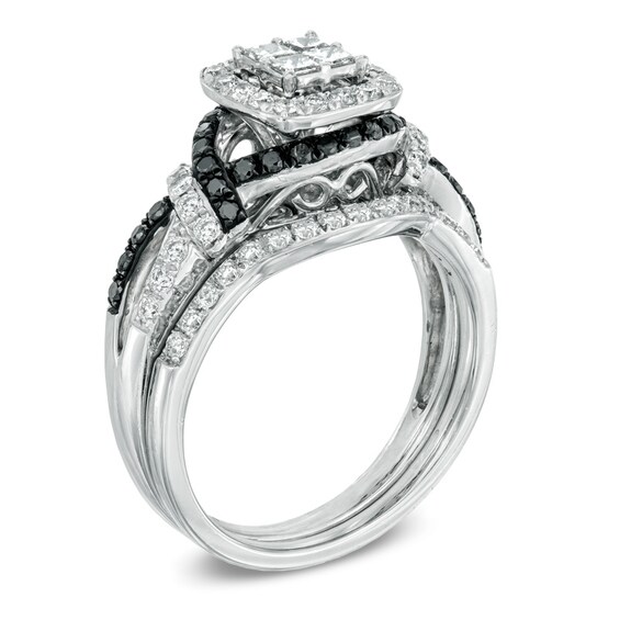 1 CT. T.w. Quad Princess-Cut Enhanced Black and White Diamond Bridal Set in 14K White Gold