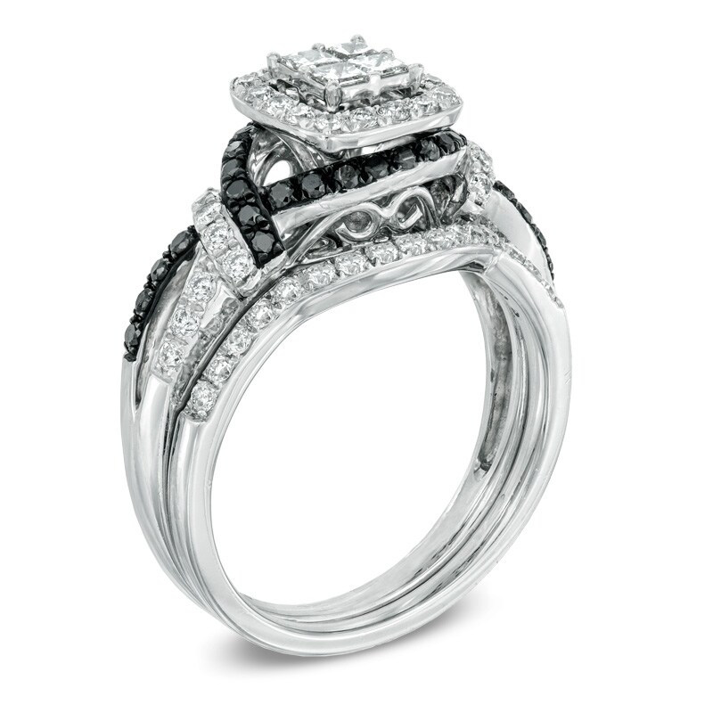 Main Image 2 of 1 CT. T.W. Quad Princess-Cut Enhanced Black and White Diamond Bridal Set in 14K White Gold