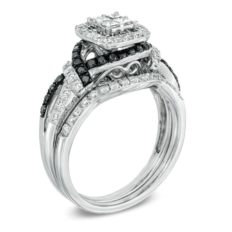 1 CT. T.W. Quad Princess-Cut Enhanced Black and White Diamond Bridal Set in 14K White Gold