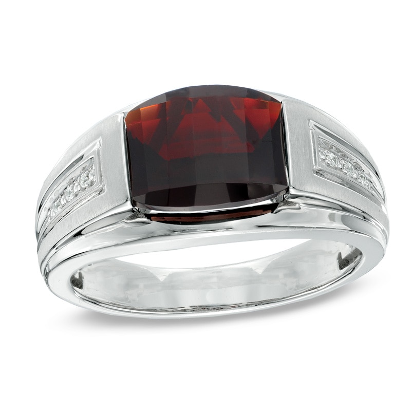 Men's Barrel-Cut Garnet and Diamond Accent Ring in Sterling Silver