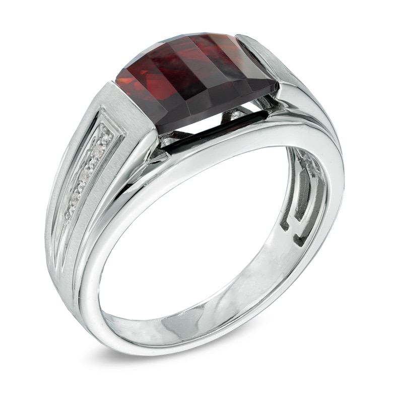Men's Barrel-Cut Garnet and Diamond Accent Ring in Sterling Silver