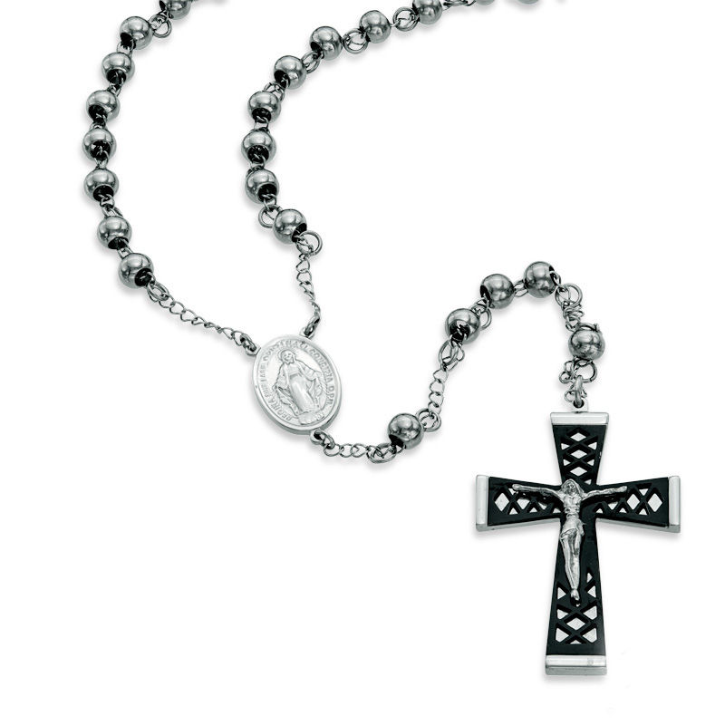 Main Image 1 of Men's Rosary Necklace in Two-Tone Stainless Steel - 24"