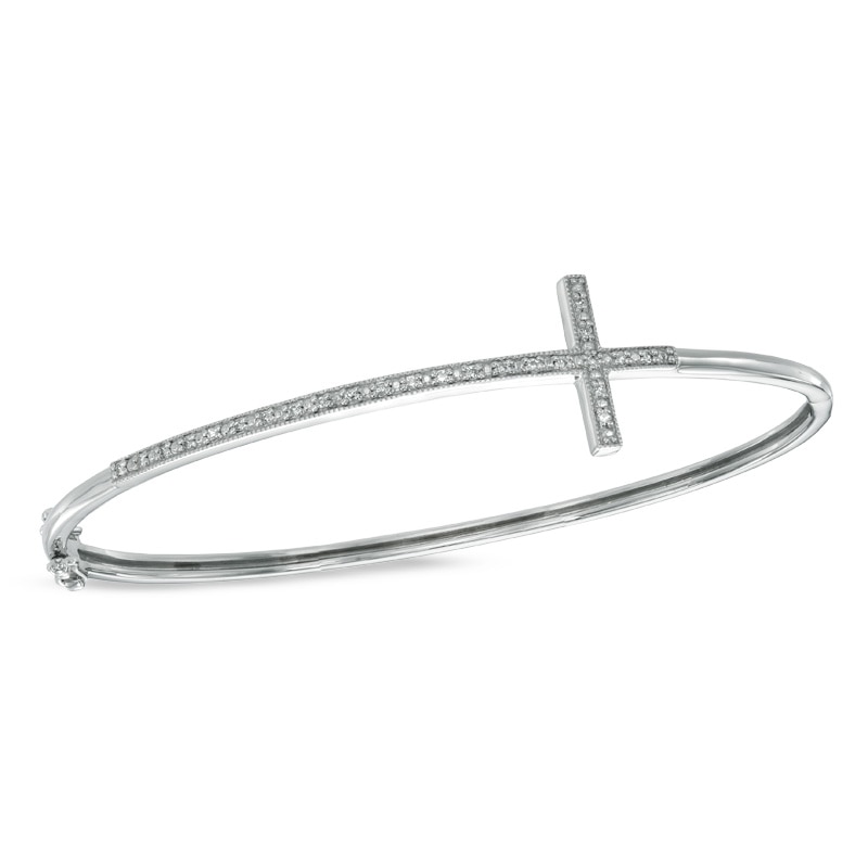 Main Image 1 of 1/10 CT. T.W. Diamond Sideways Cross Bangle in Sterling Silver