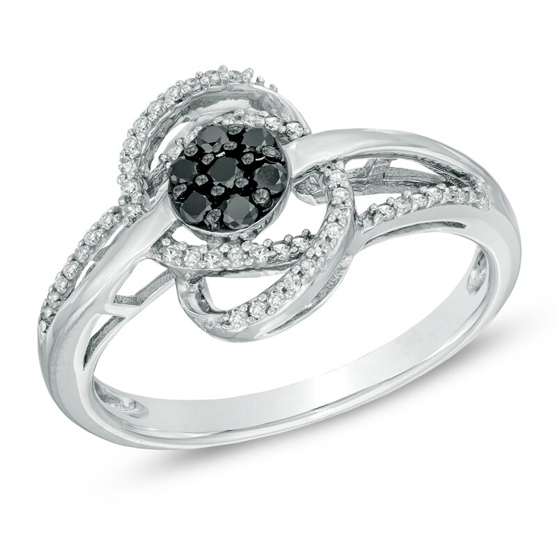 Main Image 1 of 1/4 CT. T.W. Enhanced Black and White Diamond Cluster Orbit Ring in Sterling Silver
