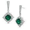 Thumbnail Image 1 of 7.0mm Cushion-Cut Lab-Created Emerald and White Sapphire Drop Earrings in Sterling Silver