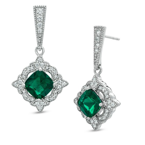 7.0mm Cushion-Cut Lab-Created Emerald and White Sapphire Drop Earrings in Sterling Silver