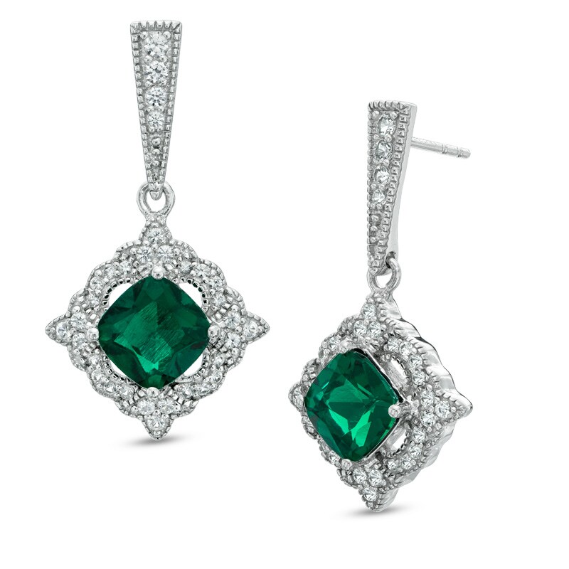 Main Image 1 of 7.0mm Cushion-Cut Lab-Created Emerald and White Sapphire Drop Earrings in Sterling Silver