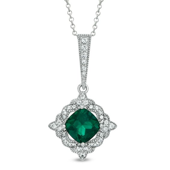 8.0mm Cushion-Cut Lab-Created Emerald and White Sapphire Frame Pendant in Sterling Silver