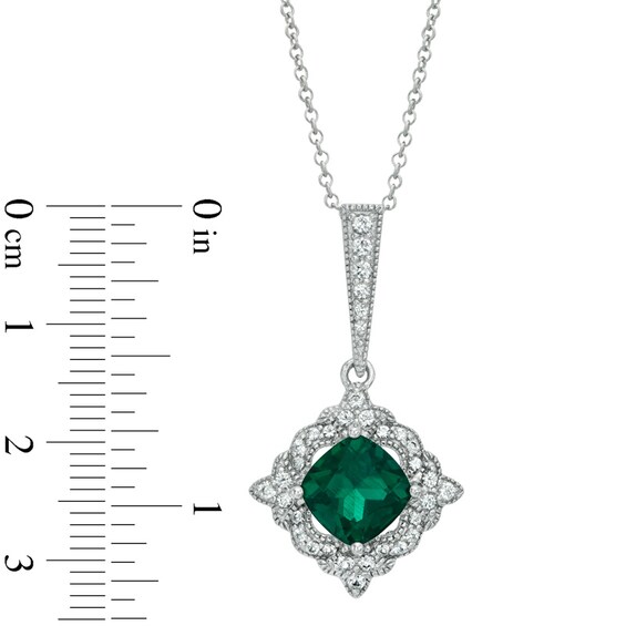 8.0mm Cushion-Cut Lab-Created Emerald and White Sapphire Frame Pendant in Sterling Silver