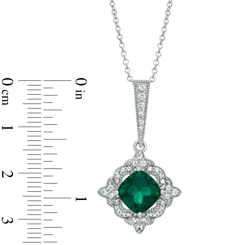 Main Image 2 of 8.0mm Cushion-Cut Lab-Created Emerald and White Sapphire Frame Pendant in Sterling Silver