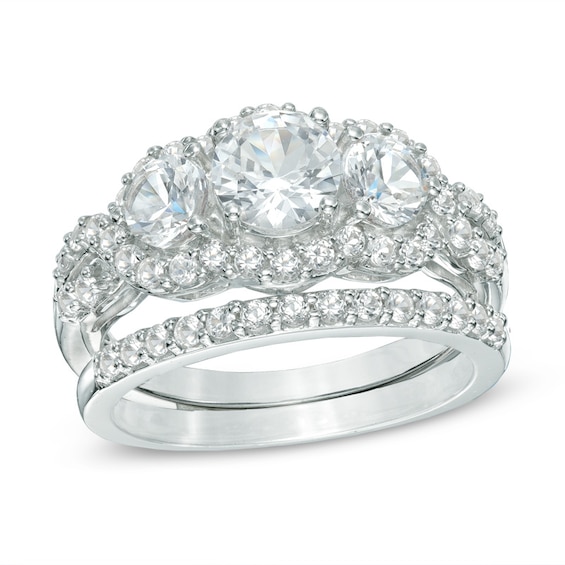 Lab-Created White Sapphire Three Stone Fashion Ring Set in Sterling Silver