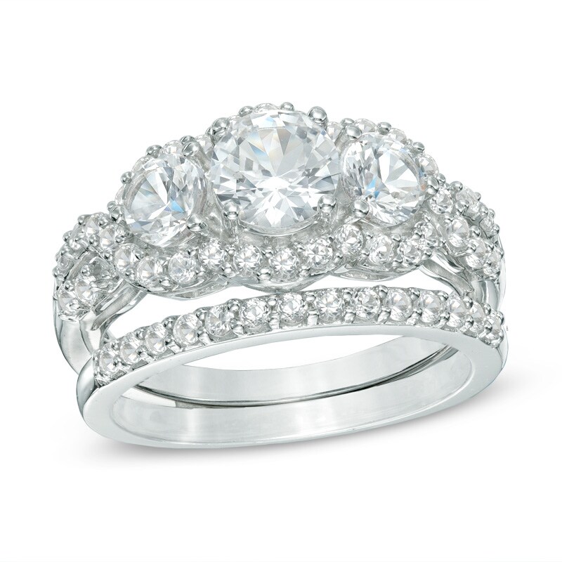 Main Image 1 of Lab-Created White Sapphire Three Stone Fashion Ring Set in Sterling Silver