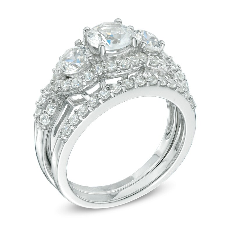 Main Image 2 of Lab-Created White Sapphire Three Stone Fashion Ring Set in Sterling Silver