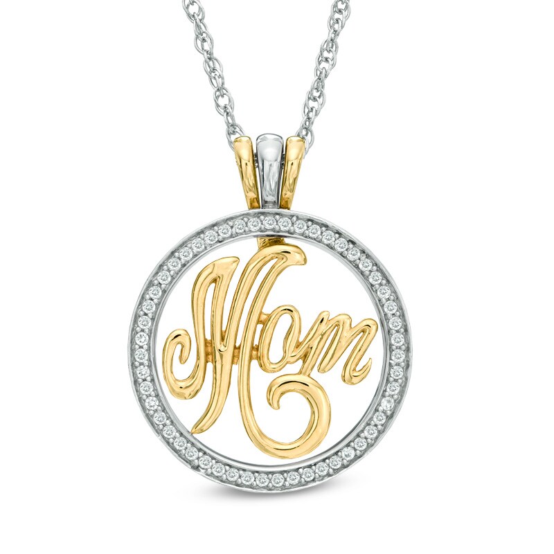 Main Image 1 of Lab-Created White Sapphire Interchangeable "MOM" Circle Pendant Set in Sterling Silver and 14K Gold Plate
