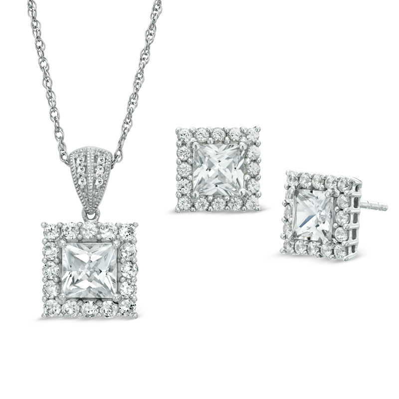 Main Image 1 of Princess-Cut Lab-Created White Sapphire Pendant and Earrings Set in Sterling Silver