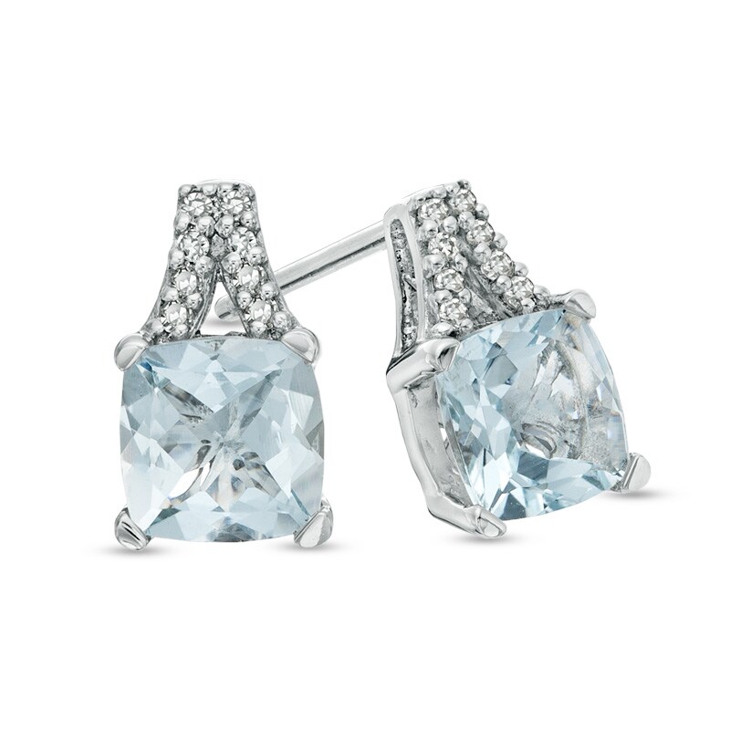 Main Image 1 of 6.0mm Cushion-Cut Aquamarine and Diamond Accent Stud Earrings in 10K White Gold