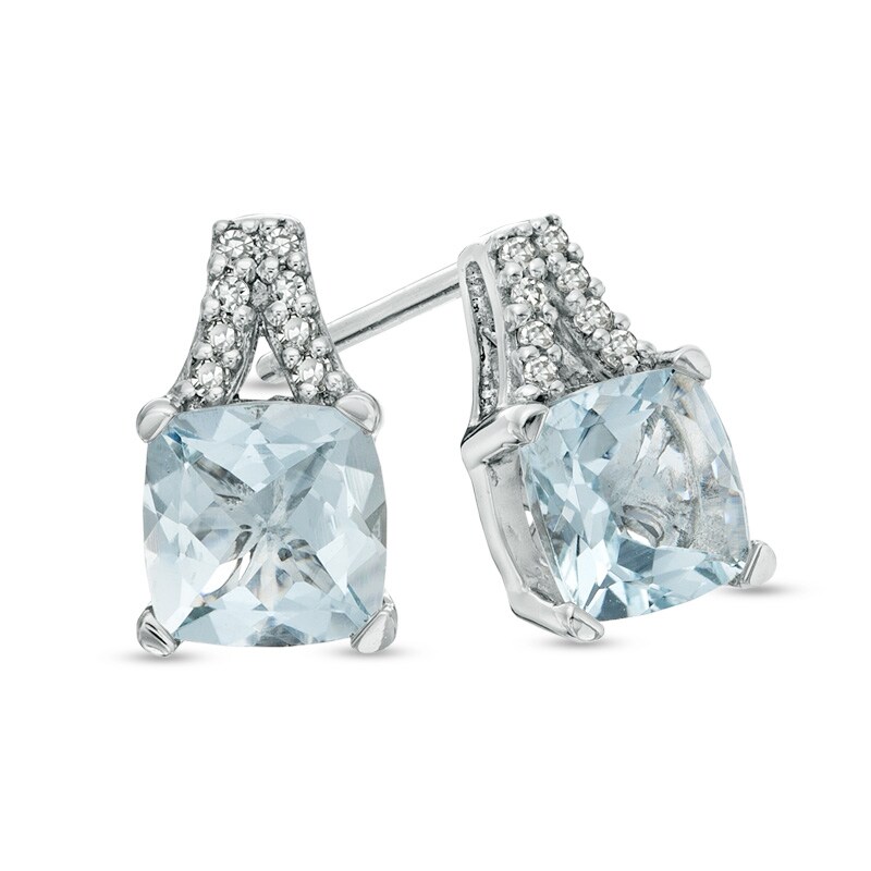 6.0mm Cushion-Cut Aquamarine and Diamond Accent Stud Earrings in 10K White Gold