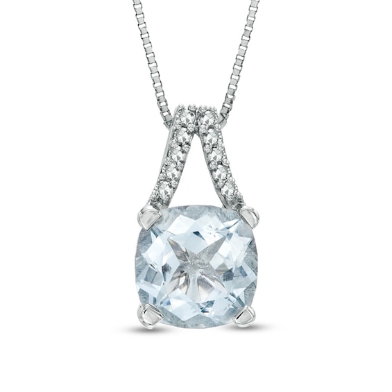 7.0mm Cushion-Cut Aquamarine and Diamond Accent Split Bale Pendant in 10K White Gold