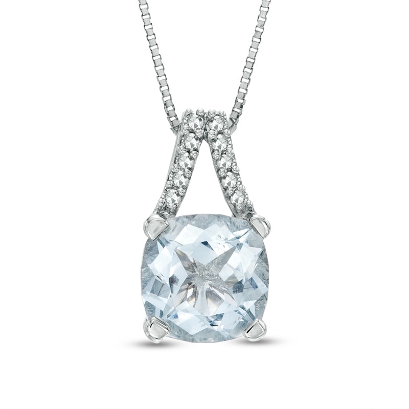 Main Image 1 of 7.0mm Cushion-Cut Aquamarine and Diamond Accent Split Bale Pendant in 10K White Gold