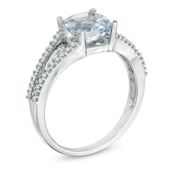 7.0mm Cushion-Cut Aquamarine and 1/5 CT. T.w. Diamond Split Shank Ring in 10K White Gold