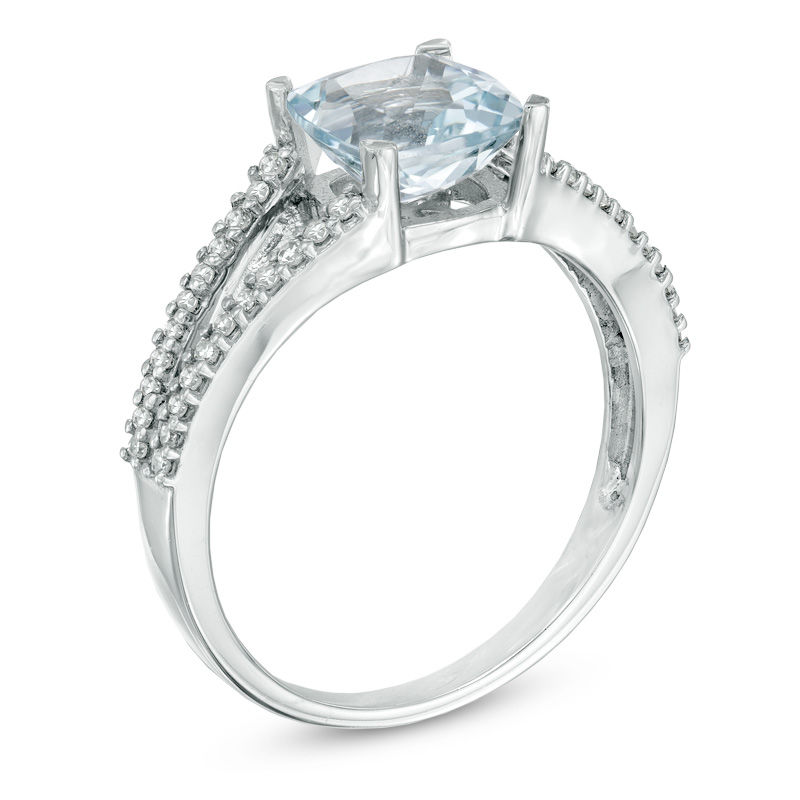 Main Image 2 of 7.0mm Cushion-Cut Aquamarine and 1/5 CT. T.W. Diamond Split Shank Ring in 10K White Gold