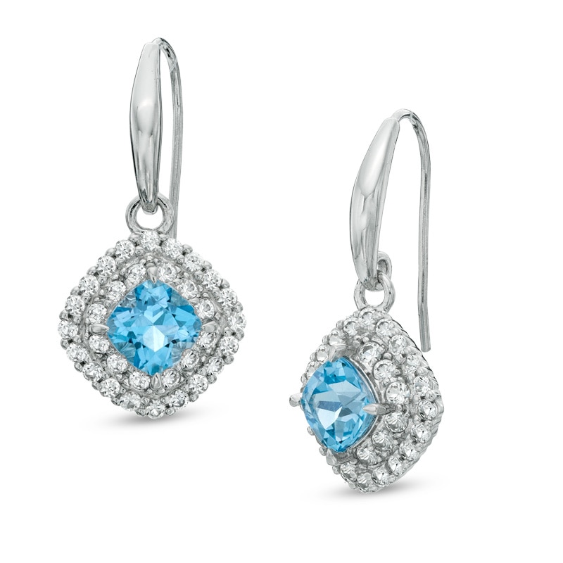 Main Image 1 of 6.0mm Cushion-Cut Swiss Blue Topaz and Lab-Created White Sapphire Frame Drop Earrings in Sterling Silver