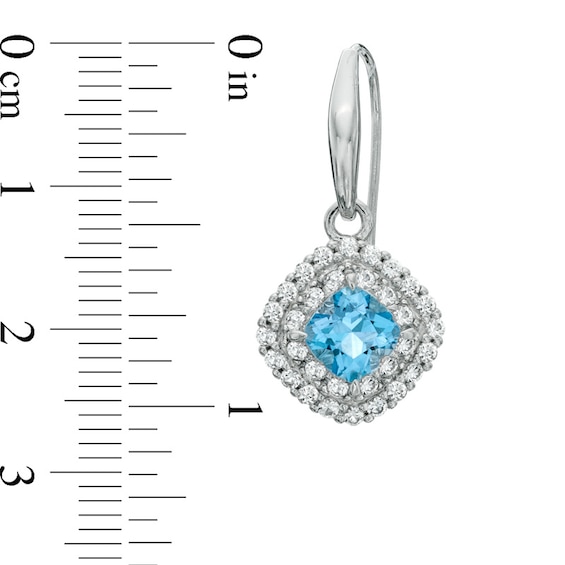 6.0mm Cushion-Cut Swiss Blue Topaz and Lab-Created White Sapphire Frame Drop Earrings in Sterling Silver