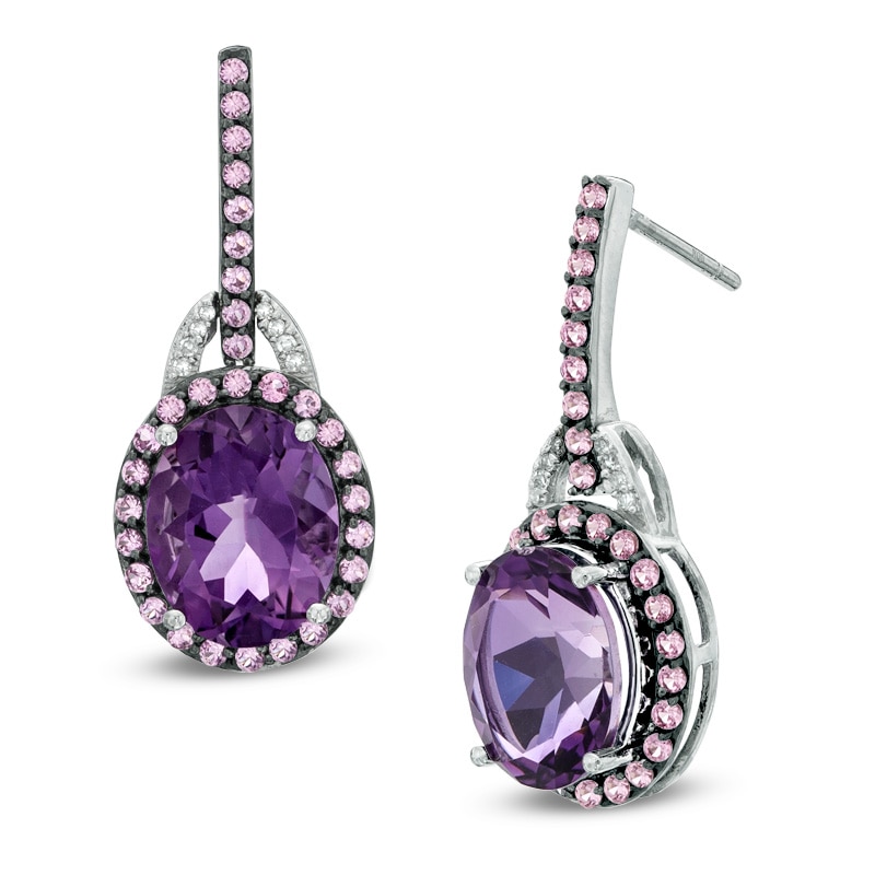 Main Image 1 of Oval Amethyst, Lab-Created Pink Sapphire and Diamond Accent Frame Drop Earrings in Sterling Silver