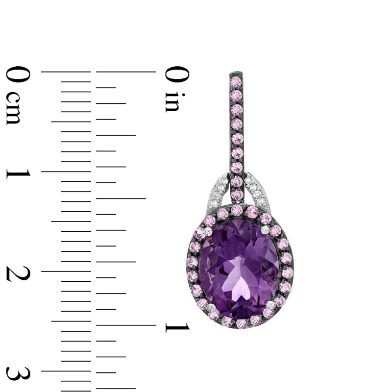Main Image 2 of Oval Amethyst, Lab-Created Pink Sapphire and Diamond Accent Frame Drop Earrings in Sterling Silver