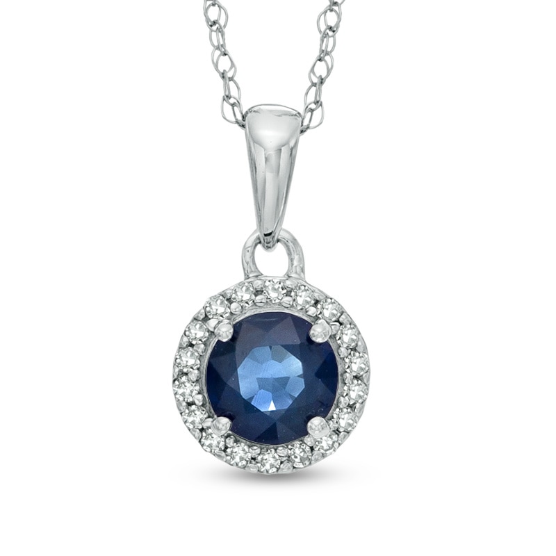 Main Image 1 of 5.0mm Blue Sapphire and Diamond Accent Frame Pendant in 14K White Gold