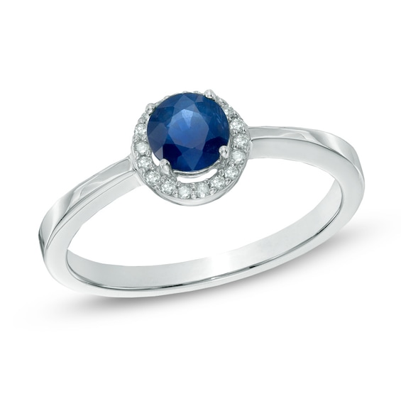 5.0mm Blue Sapphire and Diamond Accent Frame Ring in 14K White Gold