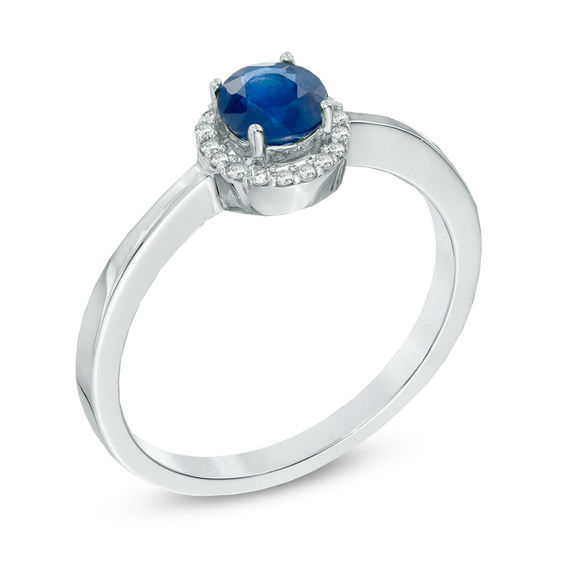 5.0mm Blue Sapphire and Diamond Accent Frame Ring in 14K White Gold