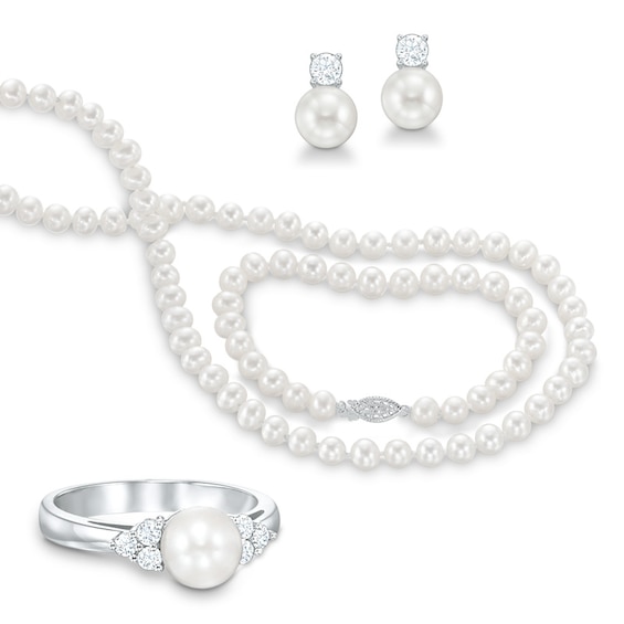 6.5 - 7.0mm Cultured Freshwater Pearl And Lab-Created White Sapphire Necklace, Bracelet, Ring And Earrings Set