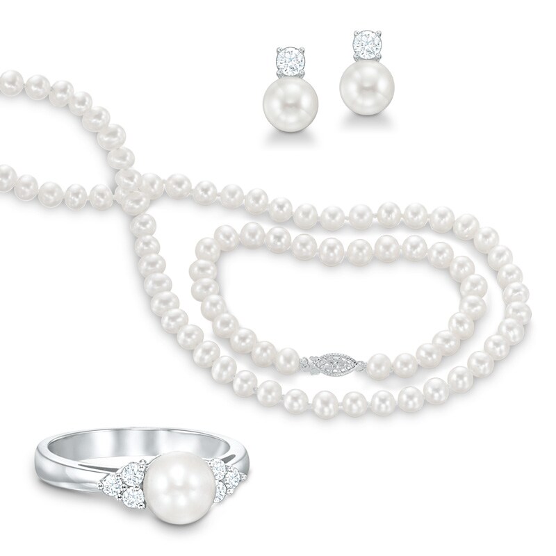 6.5 - 7.0mm Cultured Freshwater Pearl and Lab-Created White Sapphire Necklace, Bracelet, Ring and Earrings Set