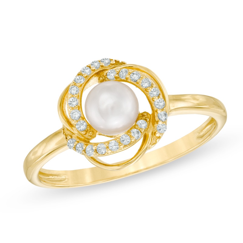 4.5 - 5.0mm Cultured Freshwater Pearl and Lab-Created White Sapphire Love Knot Swirl Ring in 10K Gold