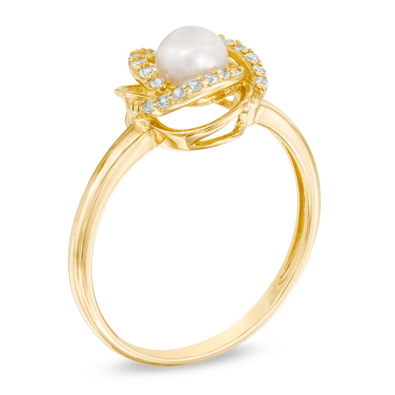 4.5 - 5.0mm Cultured Freshwater Pearl and Lab-Created White Sapphire Love Knot Swirl Ring in 10K Gold