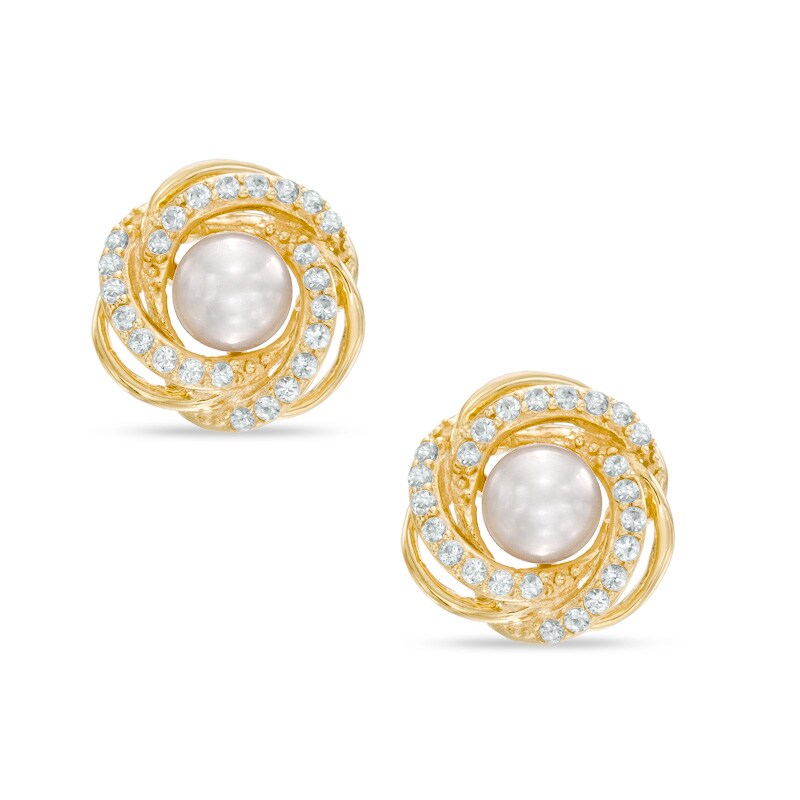 Main Image 1 of 3.5-4.0mm Freshwater Cultured Pearl and Lab-Created White Sapphire Love Knot Swirl Stud Earrings in 10K Gold