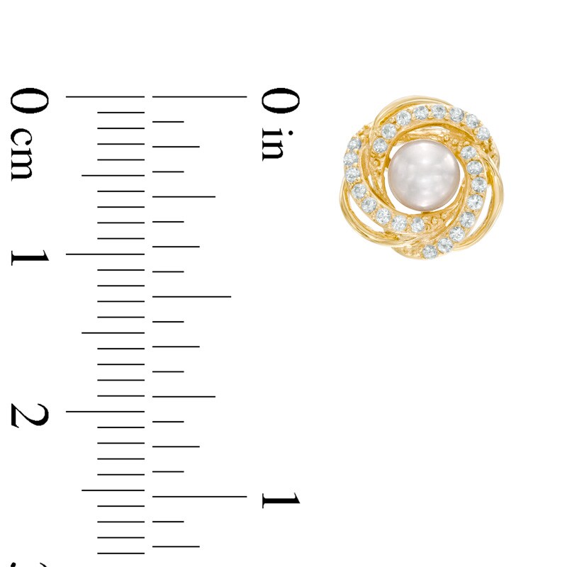 Main Image 2 of 3.5-4.0mm Freshwater Cultured Pearl and Lab-Created White Sapphire Love Knot Swirl Stud Earrings in 10K Gold