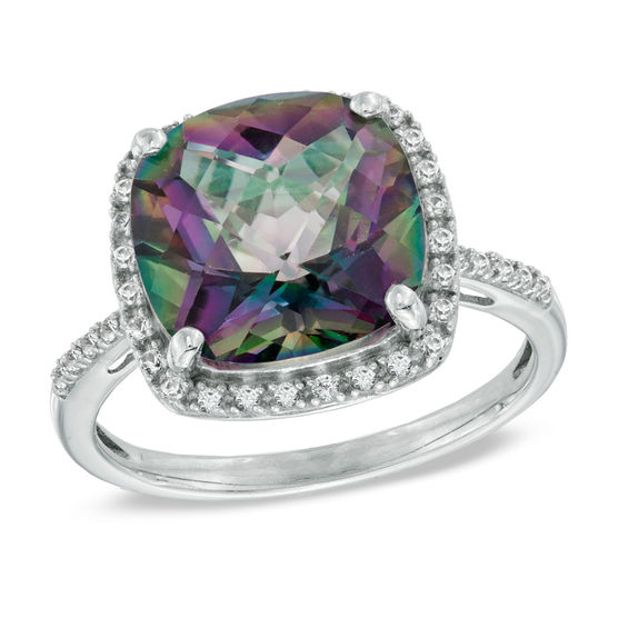 11 0mm Cushion Cut Mystic Fire Topaz And Lab Created White 11 0mm Cushion Cut Mystic Fire Topaz And Lab Created White Shire Frame Ring In Sterling Silver Size 7 Wedding Rings Zales
