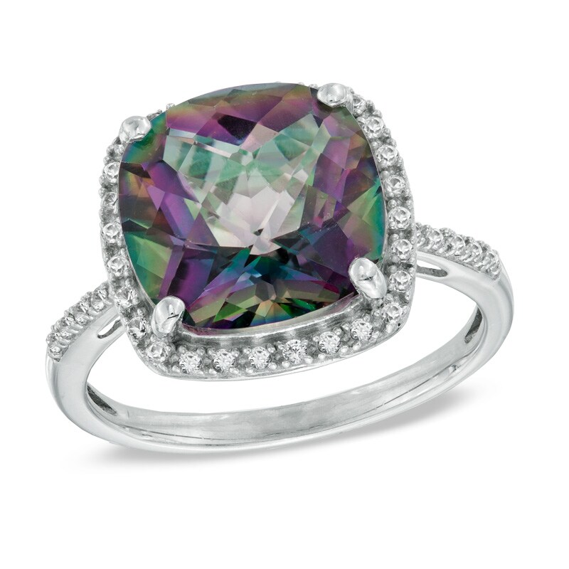 Main Image 1 of 11.0mm Cushion-Cut Mystic Fire® Topaz and Lab-Created White Sapphire Frame Ring in Sterling Silver