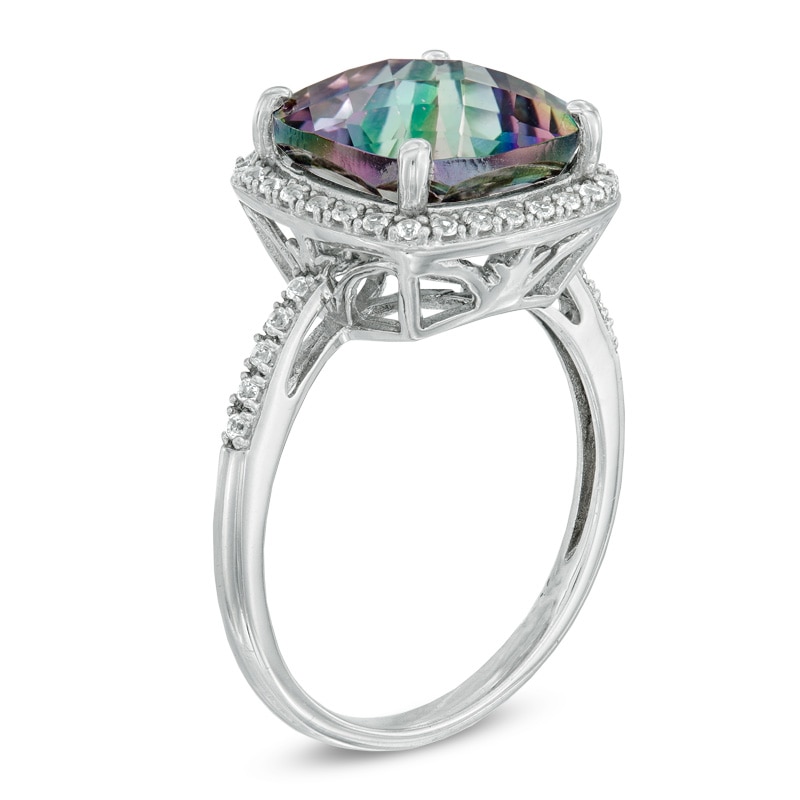 Main Image 2 of 11.0mm Cushion-Cut Mystic Fire® Topaz and Lab-Created White Sapphire Frame Ring in Sterling Silver