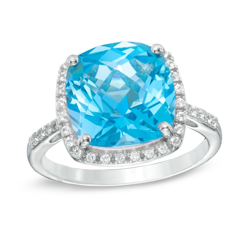 Main Image 1 of 11.0mm Cushion-Cut Swiss Blue Topaz and Lab-Created White Sapphire Frame Ring in Sterling Silver