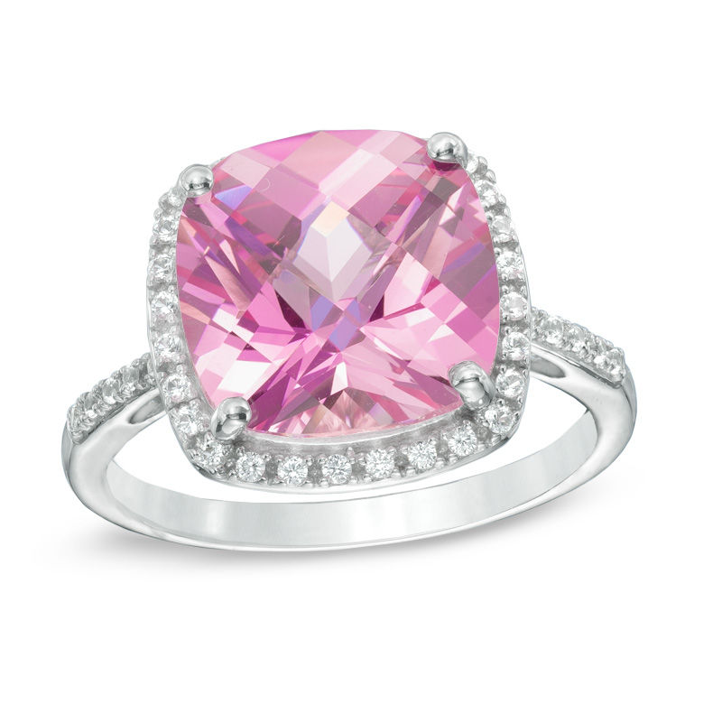 Main Image 1 of 11.0mm Cushion-Cut Lab-Created Pink and White Sapphire Frame Ring in Sterling Silver